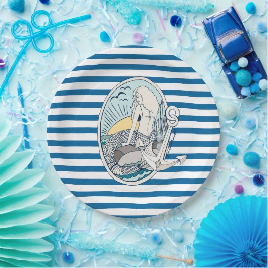 人魚青および白のストライプな紙皿 ペーパープレート (パーティー)