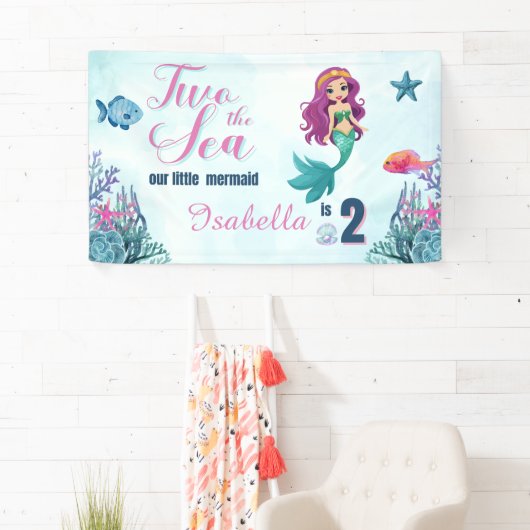 人魚2人が海の女の子に2番目の誕生日パーティー 横断幕 (インサイチュ)