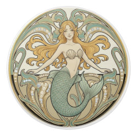 人魚 グリーン クリーム & ゴールド アール・ヌーヴォー 海 オーシャン セラミックノブ