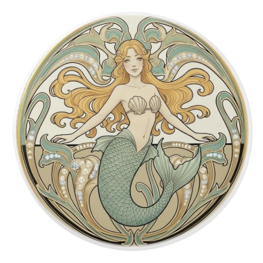 人魚 グリーン クリーム & ゴールド アール・ヌーヴォー 海 オーシャン セラミックノブ (正面)
