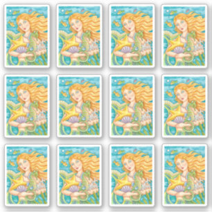 人魚、ヒトデと海馬の美しい宝物 シール