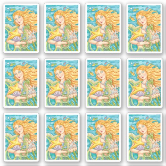 人魚、ヒトデと海馬の美しい宝物 シール (正面)