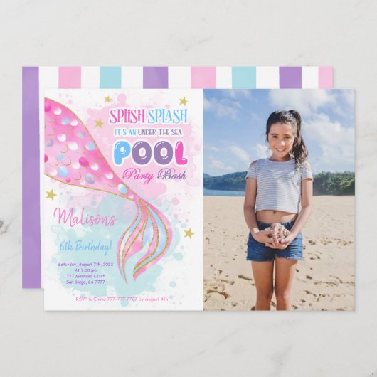 人魚&プールの子供向け招待状(写真付き) 招待状 (正面/裏面)