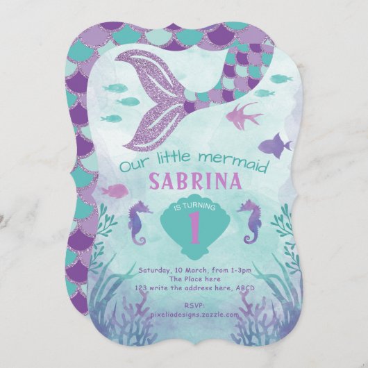 人魚，海の下，グリッター，尾，少女 招待状 (正面/裏面)