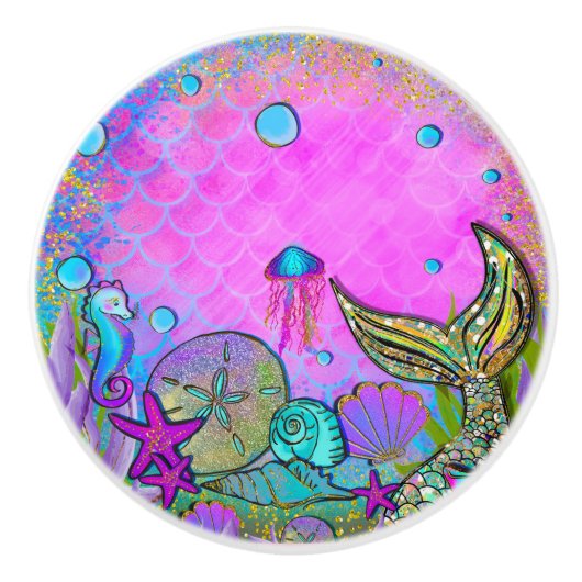 人魚 & 貝殻 ピンク キラキラ セラミックノブ (正面)