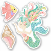 人魚、魚、貝殻 ビニールステッカー シール (正面)