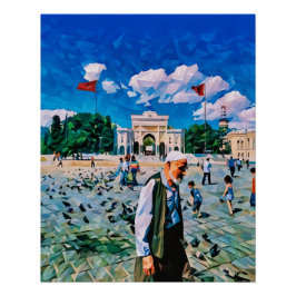 人鮮やかと旗を持つ市街広場 ポスター