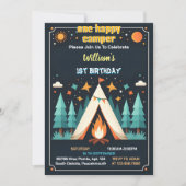 今かわいい自然少年たち1ハッピーキャンパー1歳の誕生日 招待状 (正面)