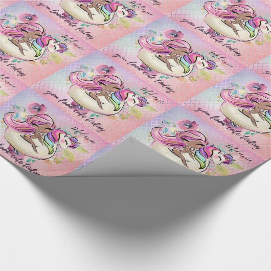 今かわいらし日ガーリーはユニコーンピンク ラッピングペーパー (角)