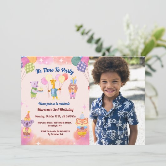 今こそパーティーの可愛いピンクのアニメ誕生日パーティー 招待状 (スタンド正面)