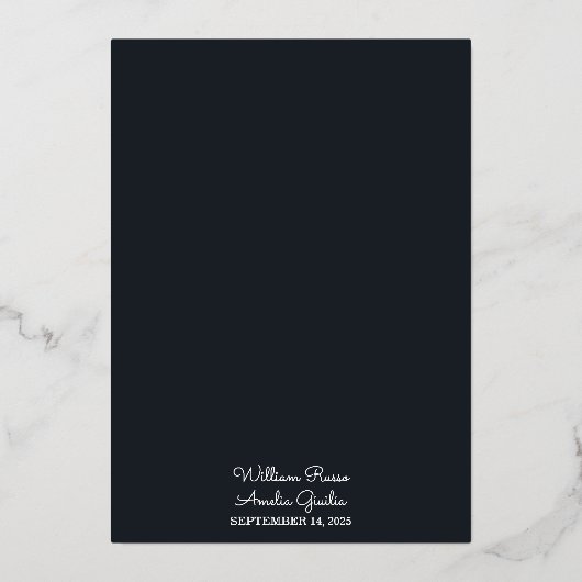 今すぐ予算の安いスタイリッシュ屋外ネイビーブルー結婚ズ 箔招待状 (裏面)