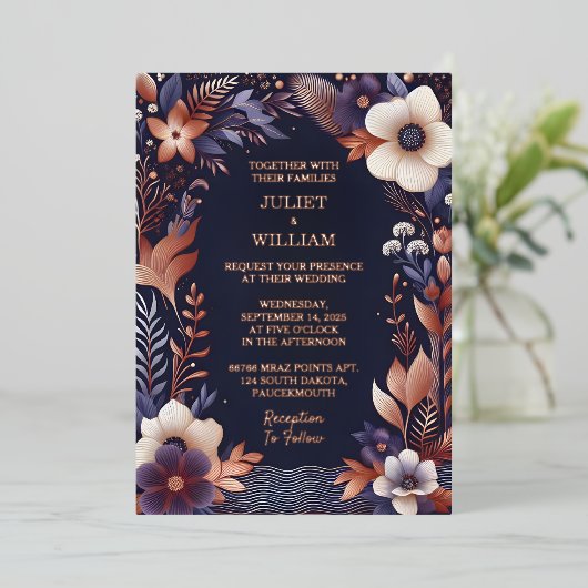 今すぐ予算の安いスタイリッシュ屋外ネイビーブルー結婚ズ 箔招待状 (立ち正面)