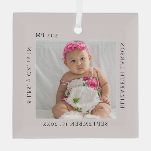 今すぐ生まれベビーの誕生統計名前をカスタムすると写真 ガラスオーナメント (裏面)