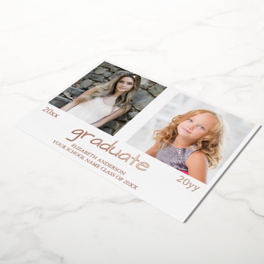 今と次の2つの写真卒業パーティー 箔招待状 (回転した状態)