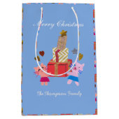 今のクリスマスの青い可愛い猫 ミディアムペーパーバッグ (正面)