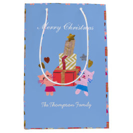 今のクリスマスの青い可愛い猫 ミディアムペーパーバッグ