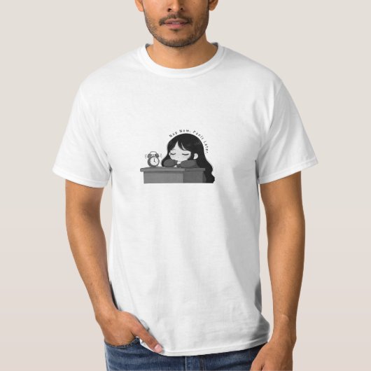 今は寝て後でパニックちびガールイラスト Tシャツ (正面)