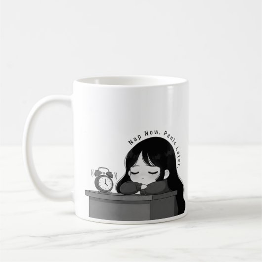 今は寝る+あとでパニックちびキャラ可愛いイラスト コーヒーマグカップ (左)