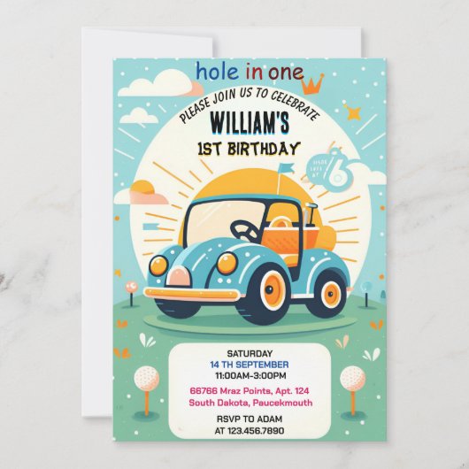 今は男の子かわいいゴルフホール1歳の誕生日 招待状 (正面)