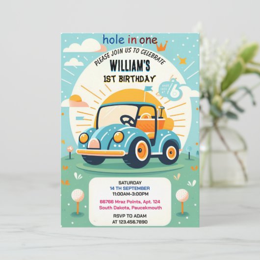 今は男の子かわいいゴルフホール1歳の誕生日 招待状 (スタンド正面)