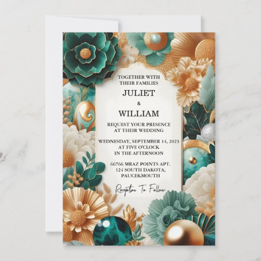 今や大理石モンスターエメラルドグリーンと金ゴールド結婚ズ 招待状 (正面)