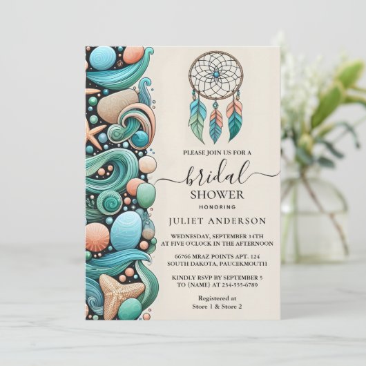 今アクアサンドワーク積み重ねシーガラスブライダルシャワー 招待状 (スタンド正面)