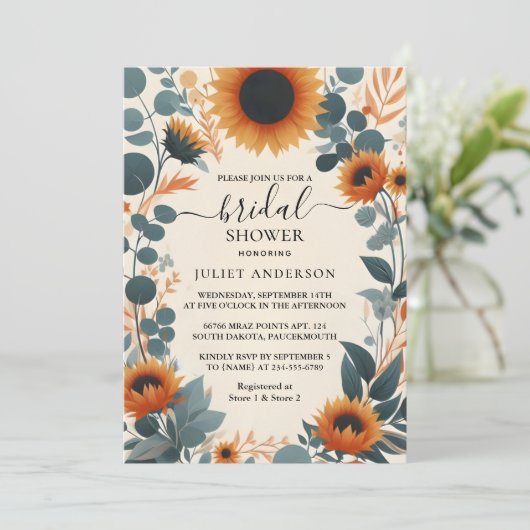 今ガーデン素朴グリーンリーサンフラワーブライダルシャワー 招待状 (スタンド正面)