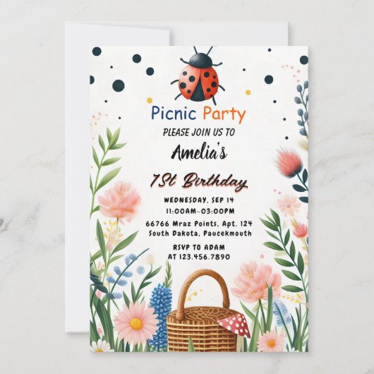 今ガールズラブバグピクニック水玉模様1st誕生日 招待状 (正面)
