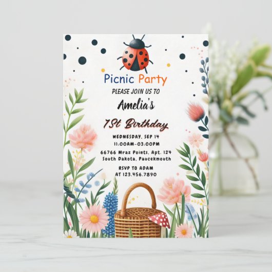 今ガールズラブバグピクニック水玉模様1st誕生日 招待状 (スタンド正面)