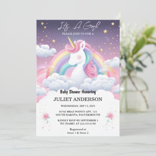 今グロー宇宙王室のポニーユニコーンベビーガールシャワー 招待状 (スタンド正面)