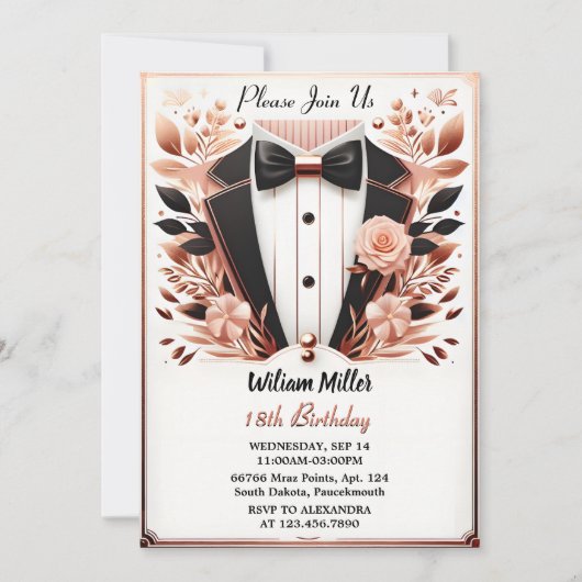 今シックなスーツ賞メンズ大人タキシード18誕生日 招待状 (正面)