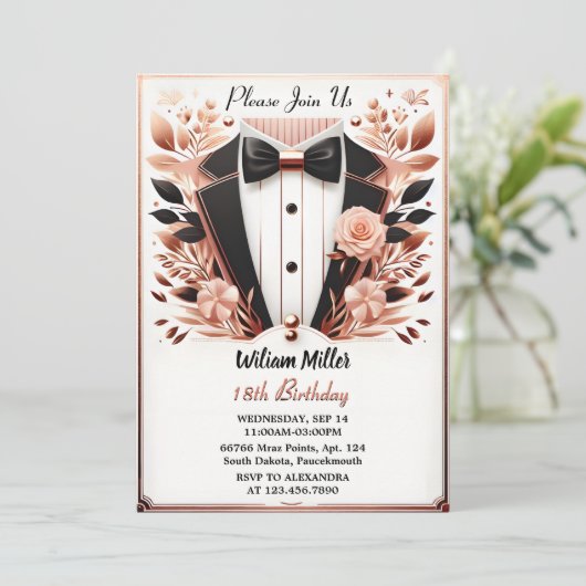 今シックなスーツ賞メンズ大人タキシード18誕生日 招待状 (スタンド正面)