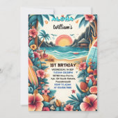 今ジョイフラルアウ（ハワイ式宴会）サーフアロハハワイの1歳の誕生日 招待状 (正面)