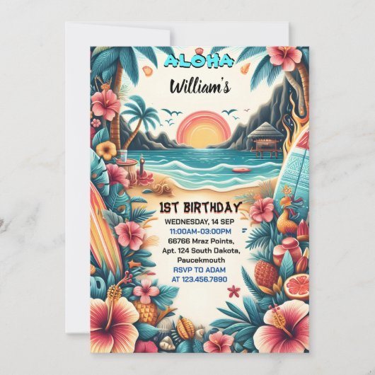 今ジョイフラルアウ(ハワイ式宴会)サーフアロハハワイの1歳の誕生日 招待状 (正面)