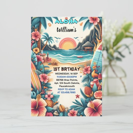 今ジョイフラルアウ(ハワイ式宴会)サーフアロハハワイの1歳の誕生日 招待状 (スタンド正面)