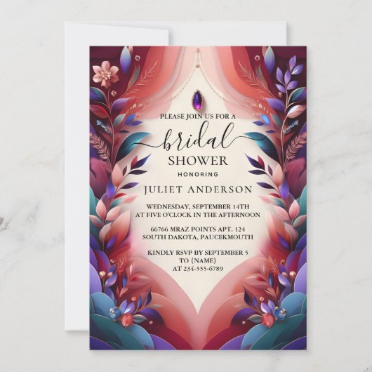 今ソフトティール(緑がかった色)秋はっきりしたジュエルトーンブライダルシャワー 招待状 (正面)