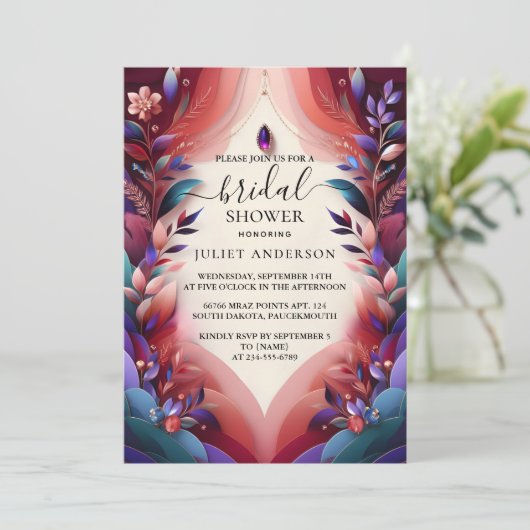 今ソフトティール(緑がかった色)秋はっきりしたジュエルトーンブライダルシャワー 招待状 (スタンド正面)