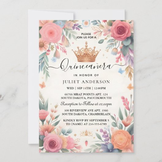 今ティアラファミリーラテンアメリカ系女性ガーリースペインのキンセアニェラ 招待状 (正面)