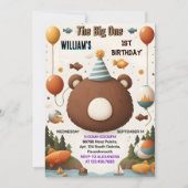 今ブラウンおもしろい魚の男の子かわいいベビークマ1歳の誕生日 招待状 (正面)