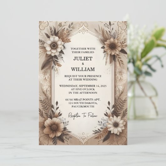 今ブラウン秋ウッドペーパリーリサイクル紙結婚ズ 招待状 (スタンド正面)