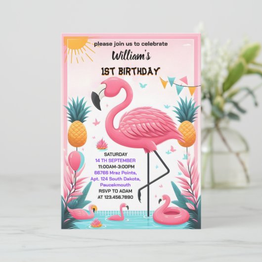 今ルアウ（ハワイ式宴会）フライピンクフラミンゴプールパーティー1歳 招待状 (スタンド正面)