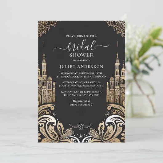 今レトロアラビアエキゾチックはっきりしたダマスクブライダルシャワー 招待状 (スタンド正面)