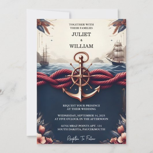 今ロープノットボート船ネイビーブルー航海の結婚ズ 招待状 (正面)