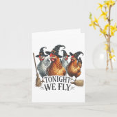 今夜はウィッチチキンおもしろいハロウィーンコストを飛ぶ カード (黄色い花)