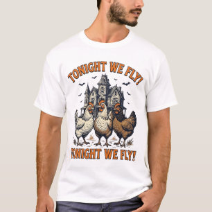 今夜は飛ぶぞ 面白いニワトリ ハロウィンTシャツ デザイン Tシャツ