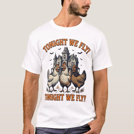 今夜は飛ぶぞ 面白いニワトリ ハロウィンTシャツ デザイン Tシャツ (正面)