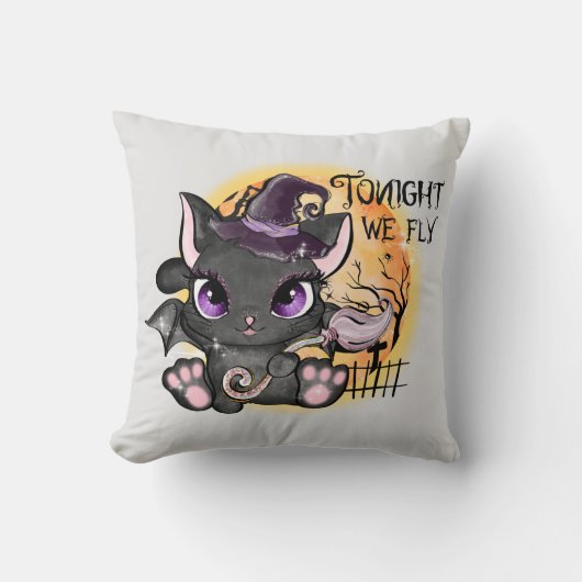 今夜我々は飛ぶ – 黒い魔女猫 クッション (正面)