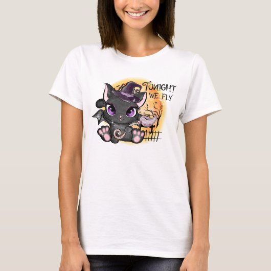 今夜我々は飛ぶ – 黒い魔女猫 Tシャツ (正面)