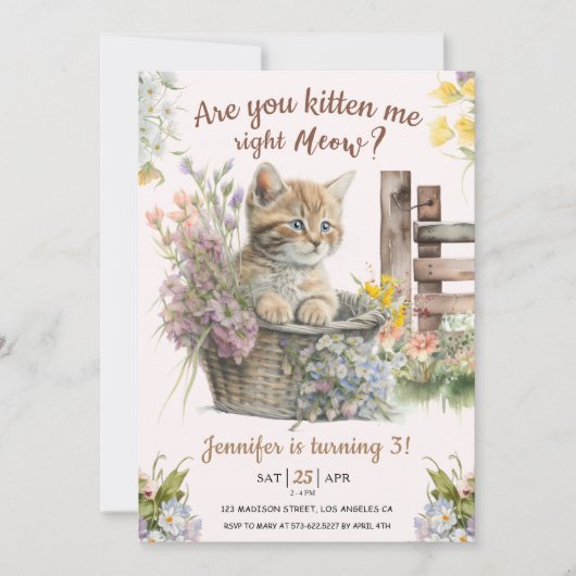 今女の子ネコ3歳の誕生日に私を生き返らせたかな 招待状 (正面)