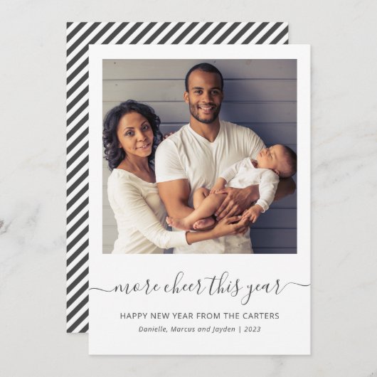 今年の写真の詳細応援グレーのスクリプト新年 シーズンカード (正面/裏面)